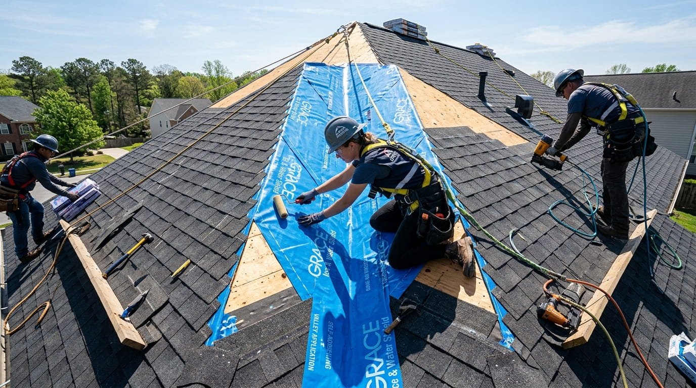Professional roofer installing valley underlayment