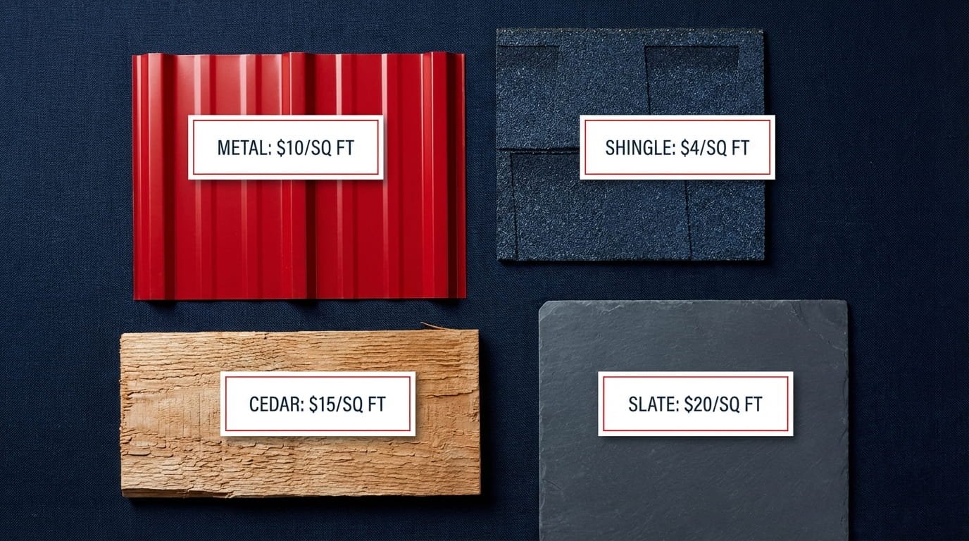 Comparison of roofing materials including asphalt, metal, and cedar for homeowners.