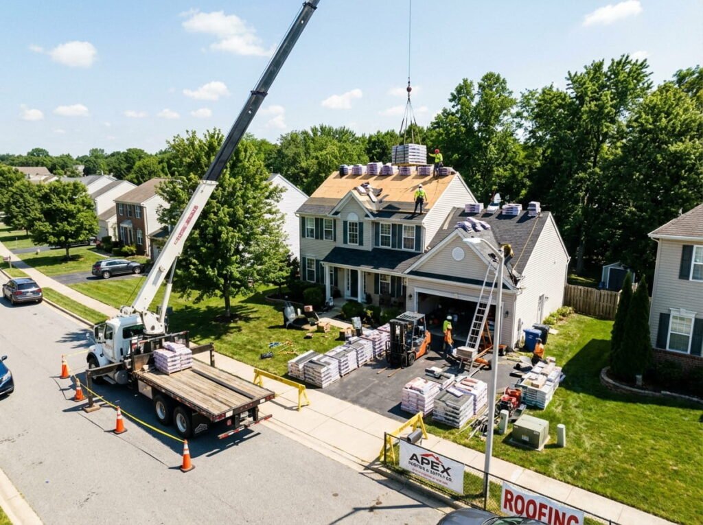Roofing materials and equipment delivery for roof replacement project