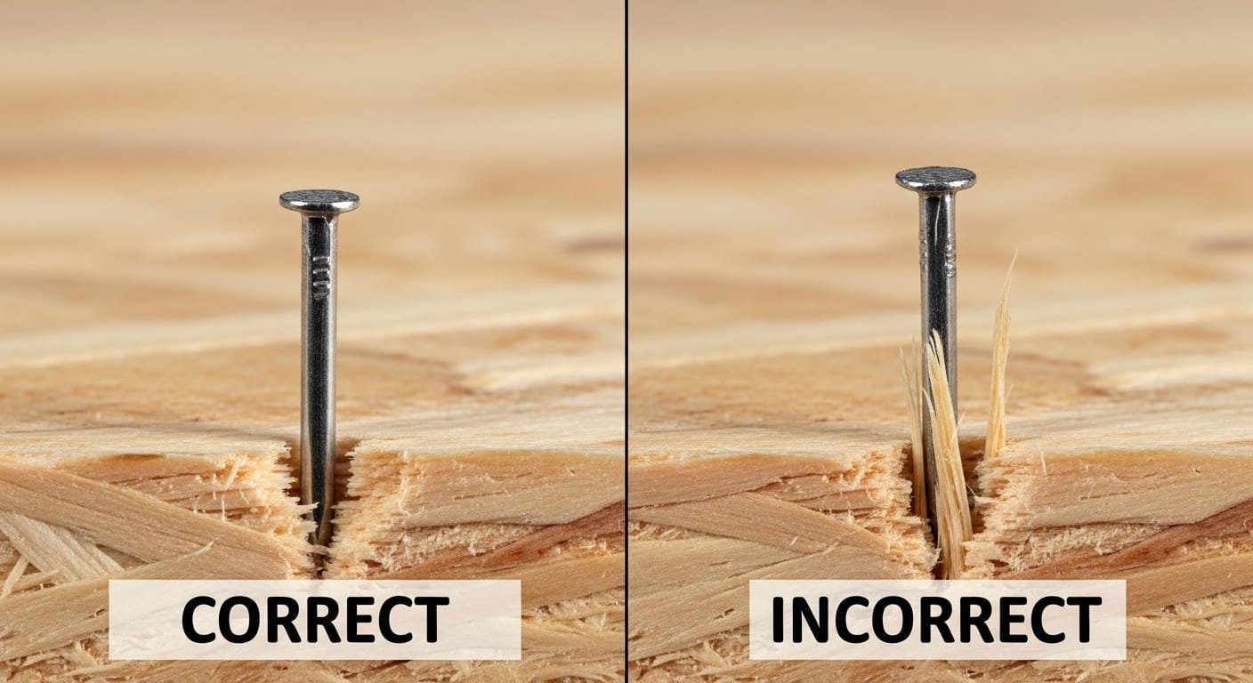 Correct flush nail placement vs incorrect countersunk nail in OSB.