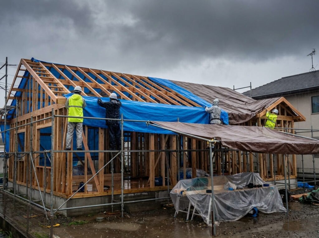Roof replacement delayed due to weather with protective tarp covering exposed roof