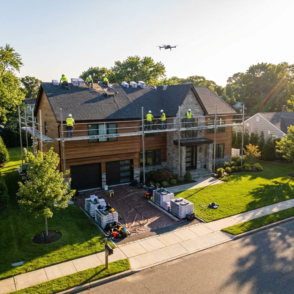 Experienced roofer inspecting a newly finished roof on a suburban home in Long Island, showcasing professionalism and long-term expertise