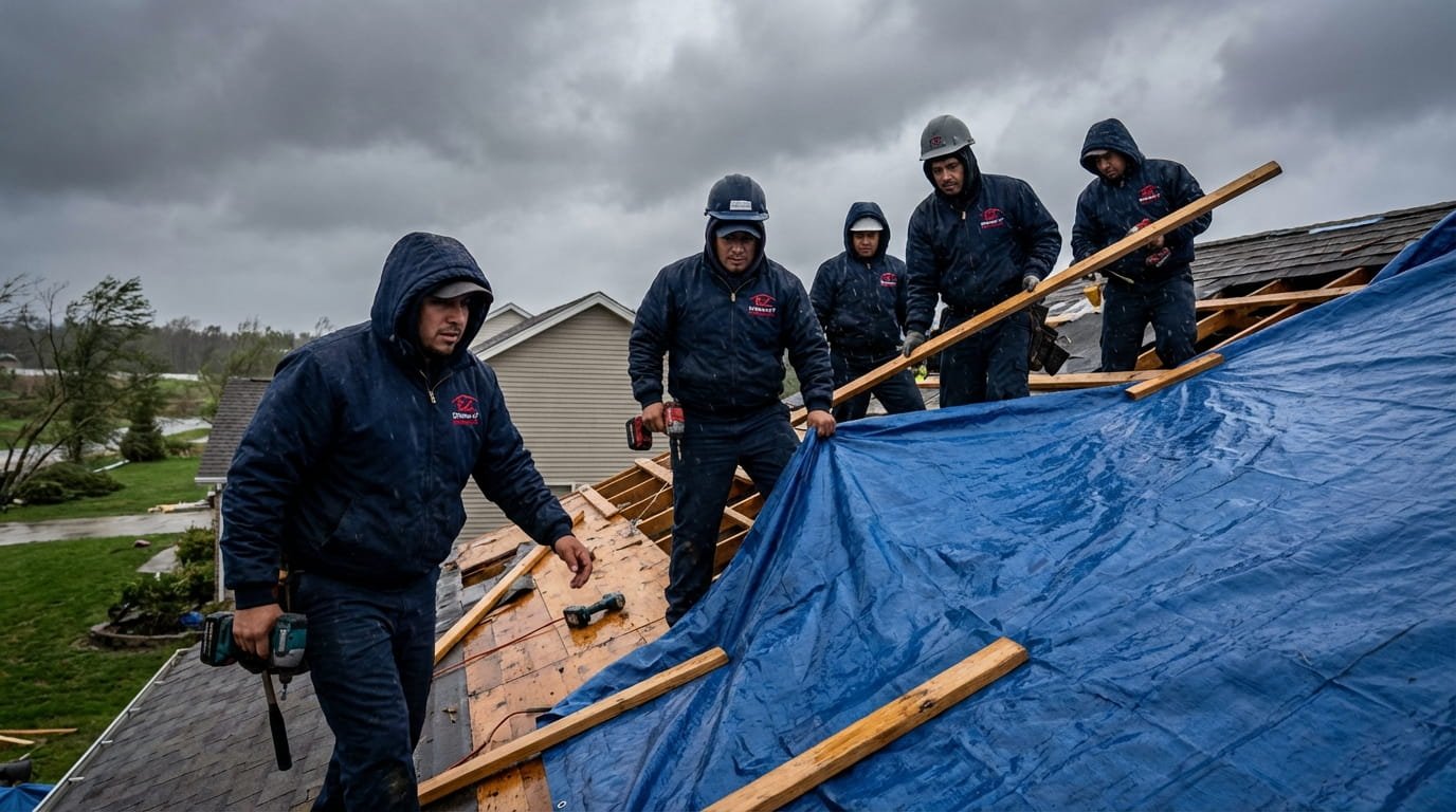 Emergency roof tarping by EZ Builders NY to prevent secondary water damage.