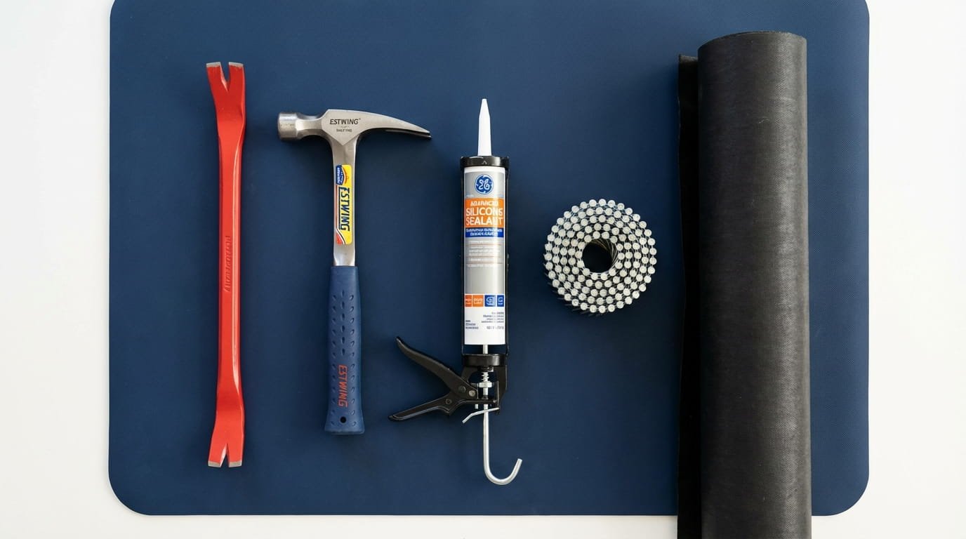 Professional roofing tool kit including pry bar, hammer, and sealant for DIY repairs.