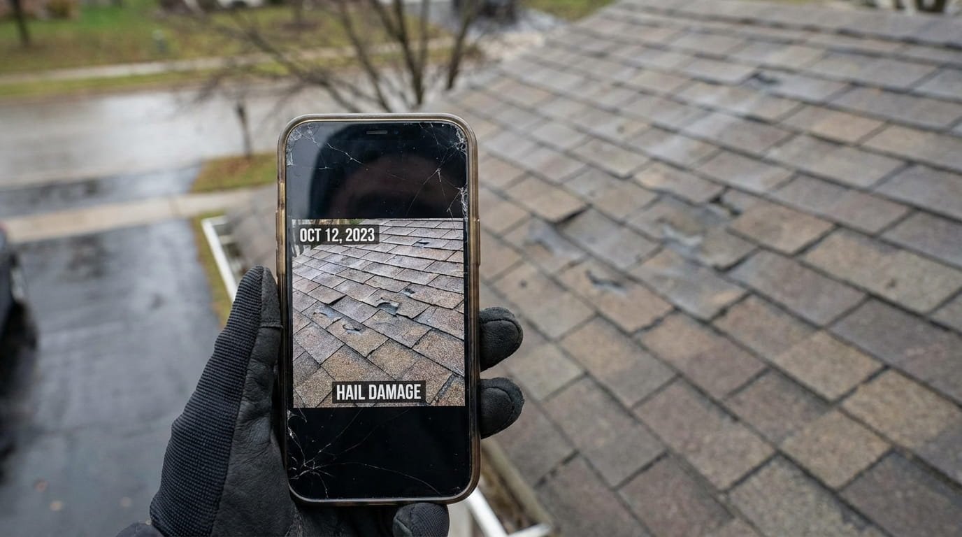 Documenting storm damage on a smartphone for a roof insurance claim.
