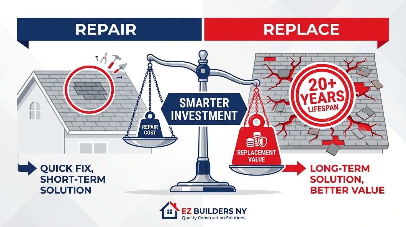 Infographic guide for homeowners to choose between roof repair and full replacement.