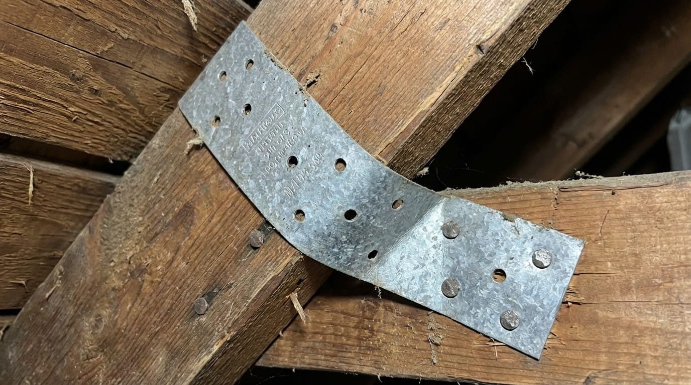 Close-up of a professionally installed hurricane strap for maximum uplift resistance.