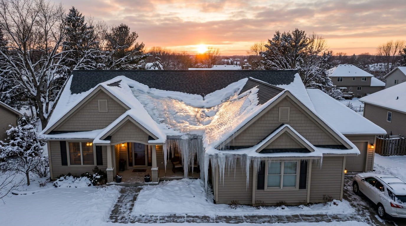 Ice dam formation in a roof valley during winter