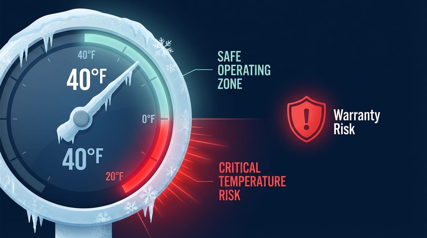 Cold weather roofing temperature guide showing 40 degree threshold for homes.