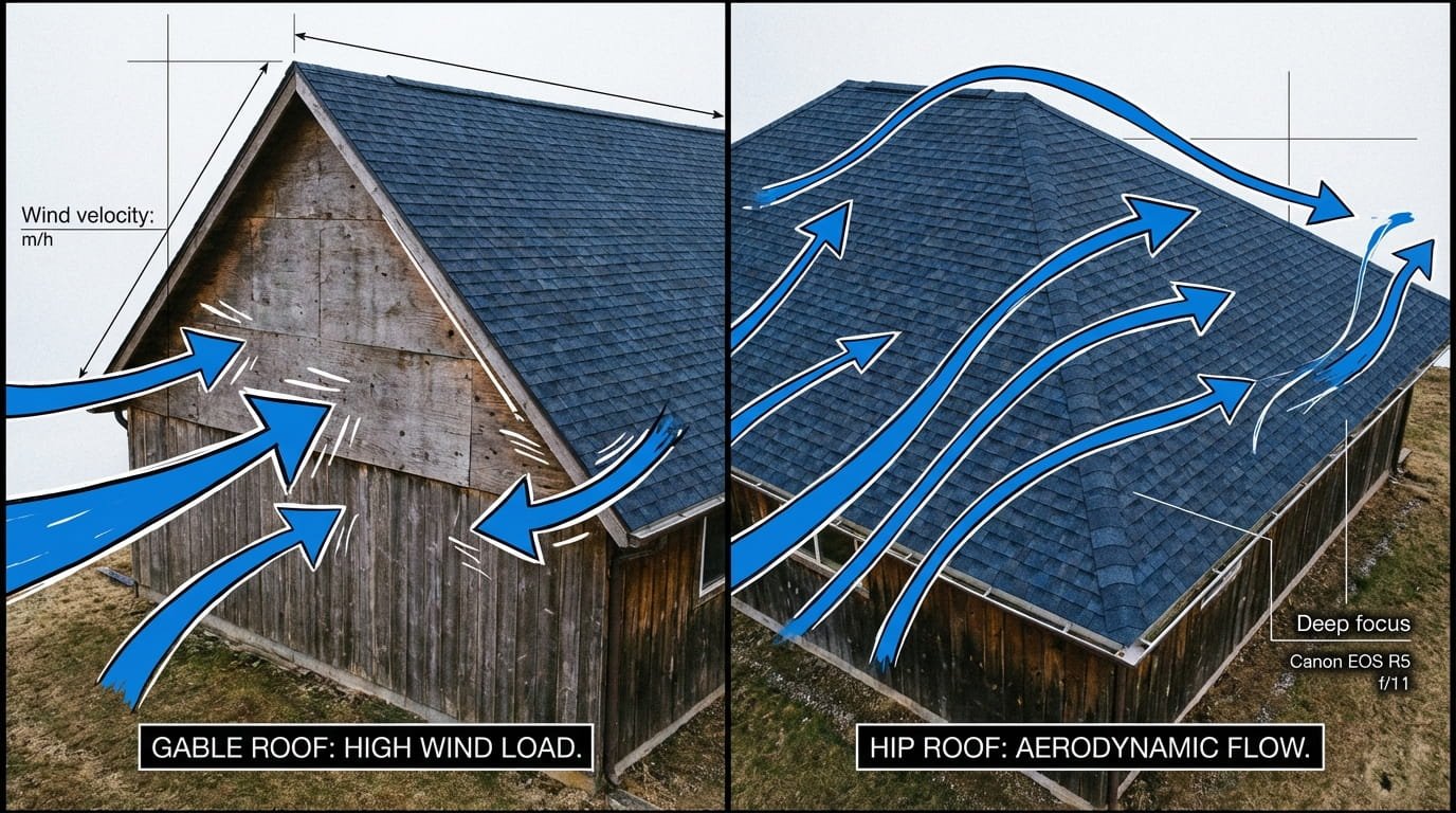 Comparison of wind flow over a hip roof versus a gable roof during high winds.