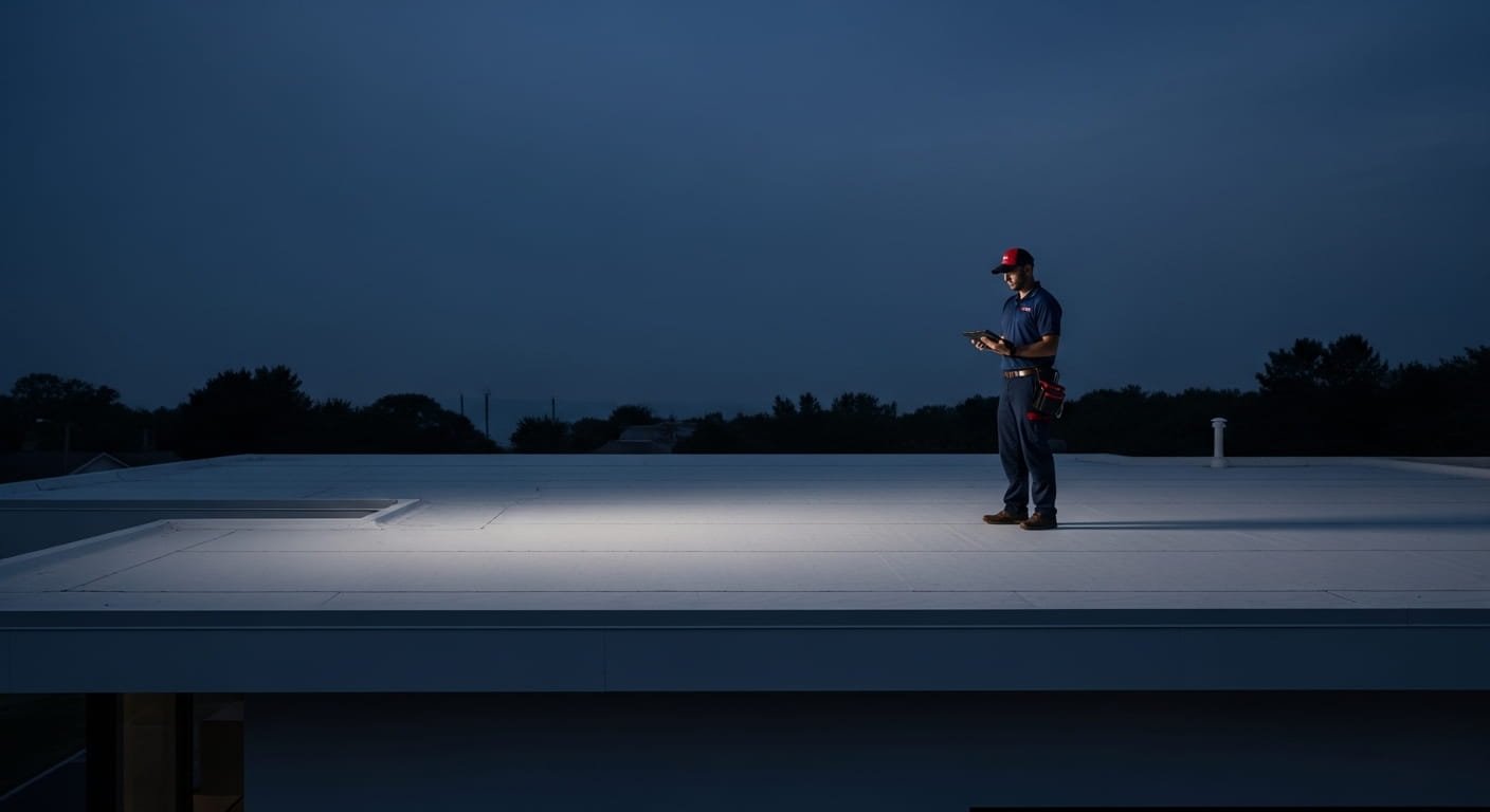 A professional, cinematic wide shot of a modern Long Island house with a clean flat roof.