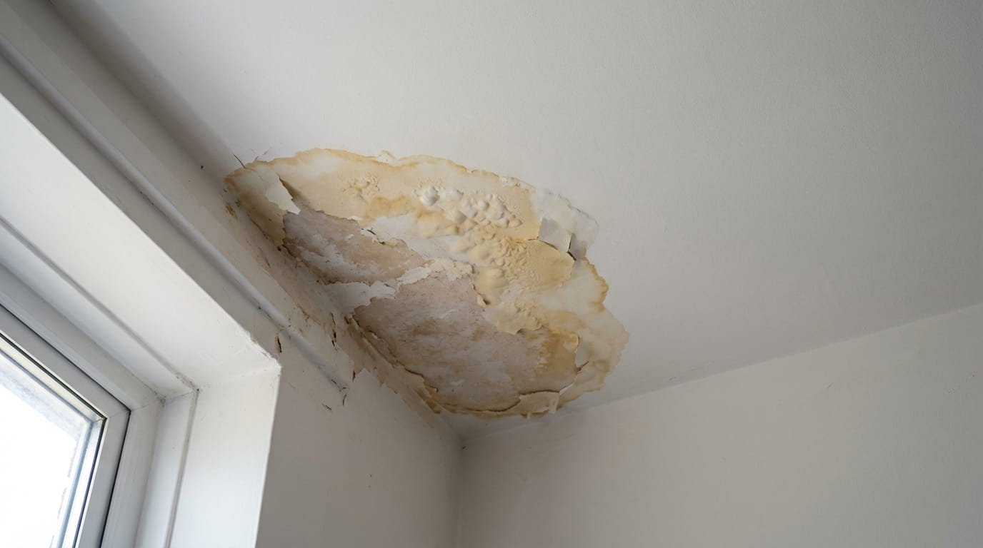 Water stain on a white ceiling indicating an active roof leak.