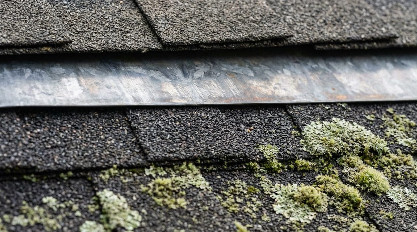 Zinc strips installed on a roof ridge to prevent moss and algae growth.