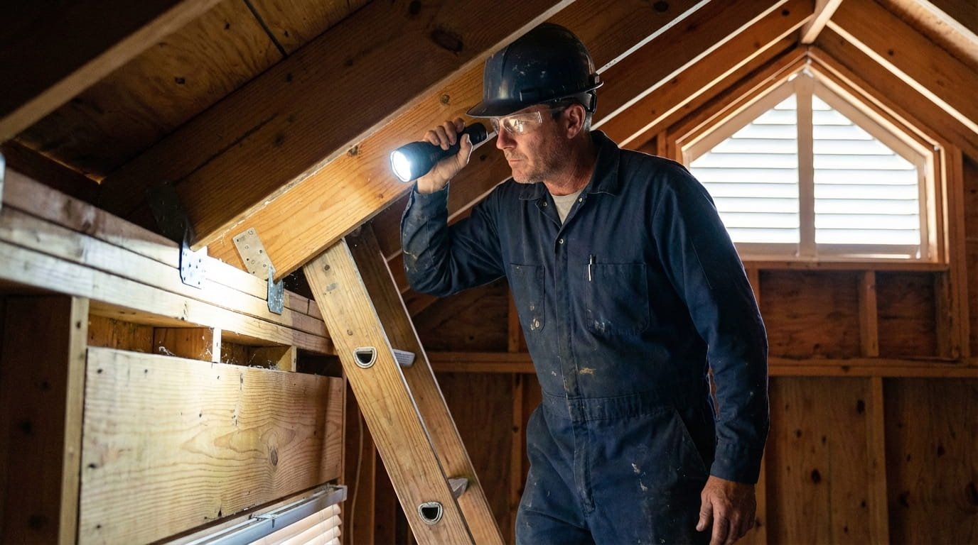 EZ Builders NY professional inspecting roof-to-wall hurricane clips before storm season.