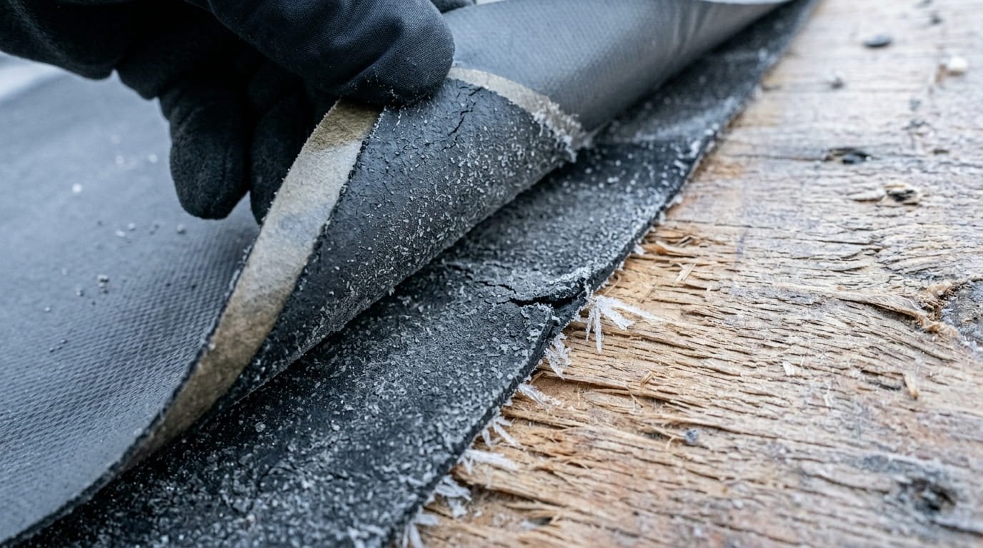 A nano-scale macro photograph focusing on the adhesive backing of a rubberized asphalt membrane (Ice and Water Shield) being applied in temperatures near freezing. The camera captures the bottom surface as it is peeled. Instead of being sticky and glossy, the adhesive layer has become matte, dull gray, and is covered in tiny micro-crystals of asphalt. The surface fails to stick to the underlying plywood; a tiny microscopic gap is visible where the adhesive surface does not wet or conform to the wood fibers. The image visualizes the loss of crucial tack.