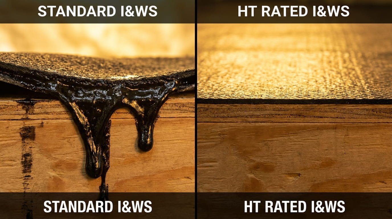 A split-screen extreme macro comparison shot under harsh, hot summer simulation lighting. Left side (Standard I&WS): The rubberized asphalt adhesive is visibly melting and oozing down from the back of the membrane, creating thick, dark rivers of soft adhesive that are pulling away from the underlying plywood deck. Right side (HT Rated I&WS): Under the exact same intense heat (illustrated by heat shimmer distortion), the high-temperature rated membrane remains perfectly rigid, flat, and securely fused to the deck, with no separation, oozing, or softening. The textures emphasize structural stability vs. viscous failure.