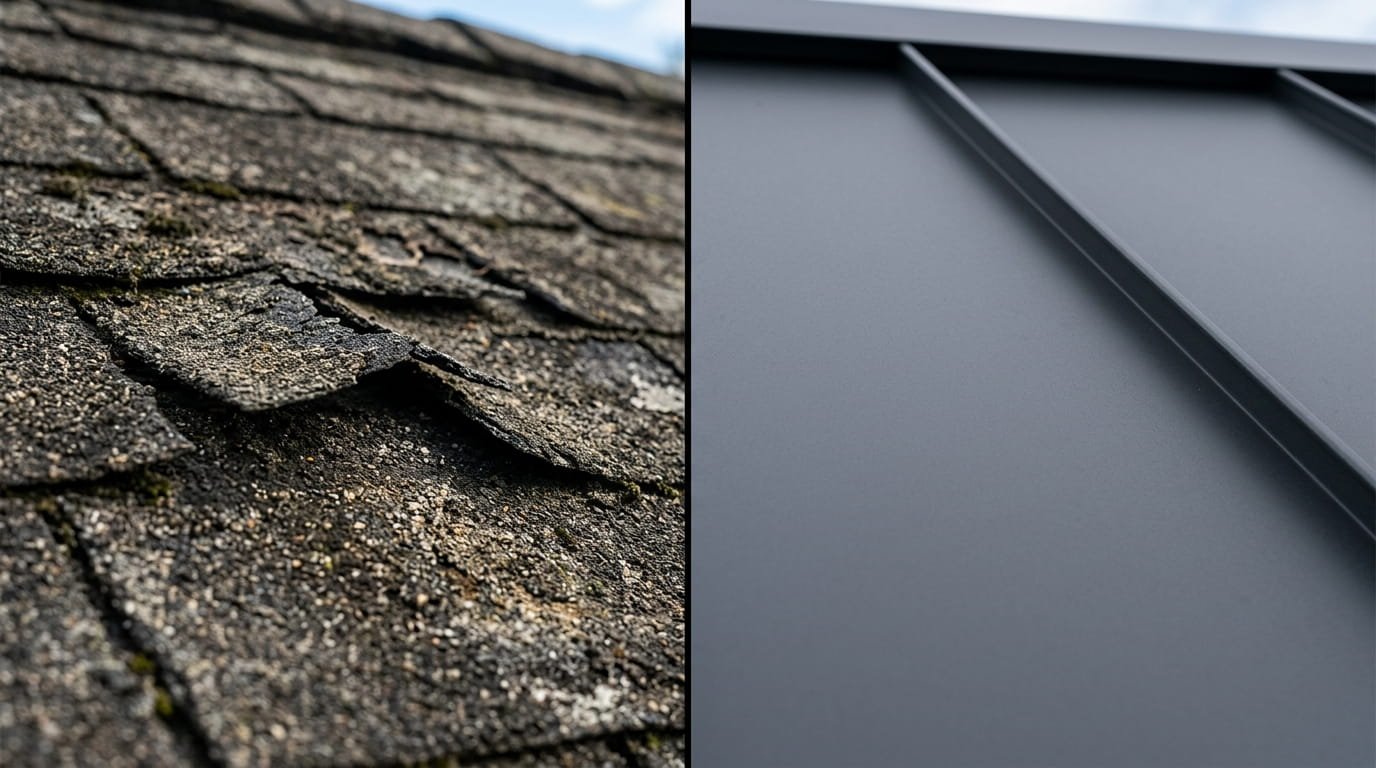A macro comparison photo showing the contrast between an old, weathered asphalt shingle roof and a modern, smooth matte-finish metal roof.