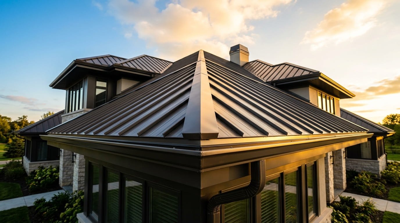 Pristine dark bronze standing seam metal roof with clean seamless gutters, captured in clear golden hour light to emphasize durability and maintenance.