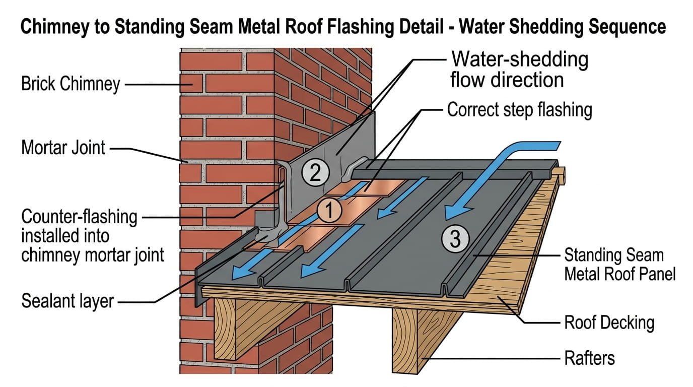 Architectural diagram showing a cross-section of metal roof chimney flashing, highlighting the water-shedding sequence of step flashing and counter-flashing.