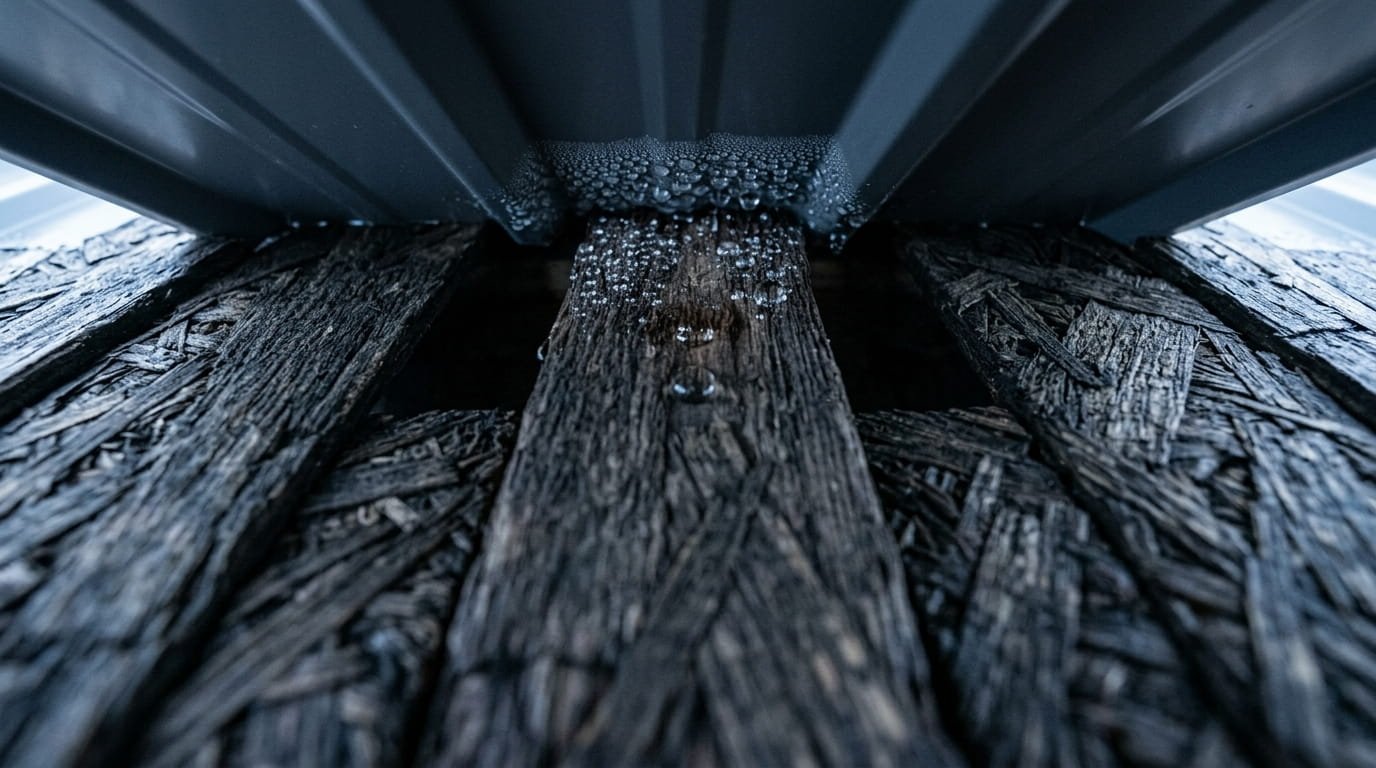 An extreme macro, close-up photograph looking upward from beneath a gray metal roofing panel onto the bare, unprotected OSB plywood deck. The image captures several tiny, spherical beads of clear condensation clinging to the dark, coarse wood fibers. The fibers surrounding the largest droplet are visibly saturated and darkened, showing early signs of softening and swelling. The texture of the raw wood contrasts sharply with the smooth, cool, metallic surface of the panel. The lighting is cool and dim, highlighting the moisture against the dry wood.
