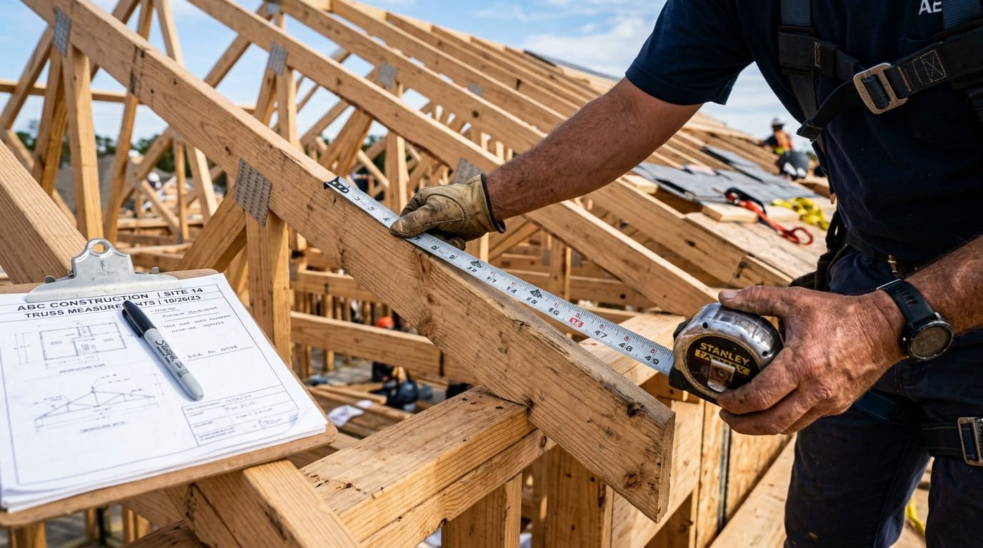 Contractor measuring a roof footprint with a tape measure and notepad.
