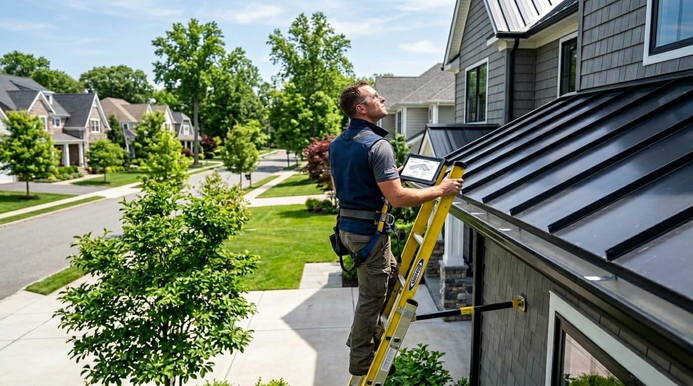 Professional roofing contractor inspecting a metal roof with a tablet in Nassau County.