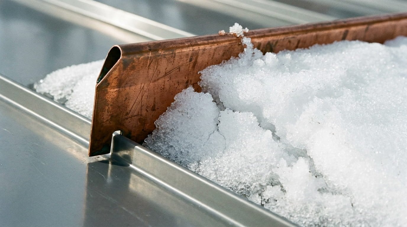 A sharp, macro perspective looking just behind a copper pad-style snow guard mounted on a gray metal standing seam roof panel. The texture of the snow is granulated, like tiny ice pellets. The image captures the dynamic point of tension: a substantial weight of accumulated snow is piled behind the copper guard, and tiny fractures (micro-avalanches) are forming in the snowpack as the guard physically obstructs its movement. A few small, harmless granules of snow have spilled over the top, illustrating a gradual, controlled release. The highly polished surface of the metal panel contrasts with the textured snow.