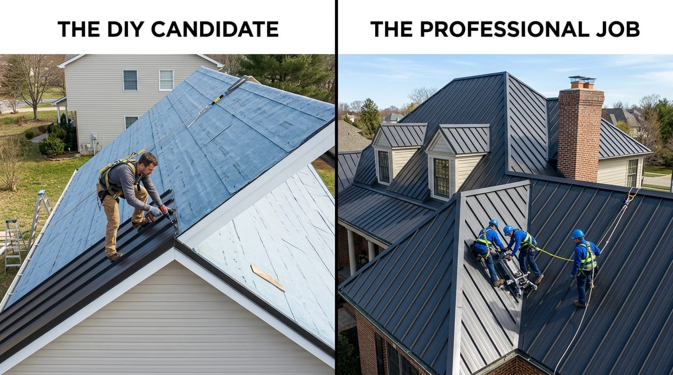A split-screen comparison illustrating a simple gable roof project suitable for DIY on the left, and a complex roof with multiple features requiring a professional crew on the right.