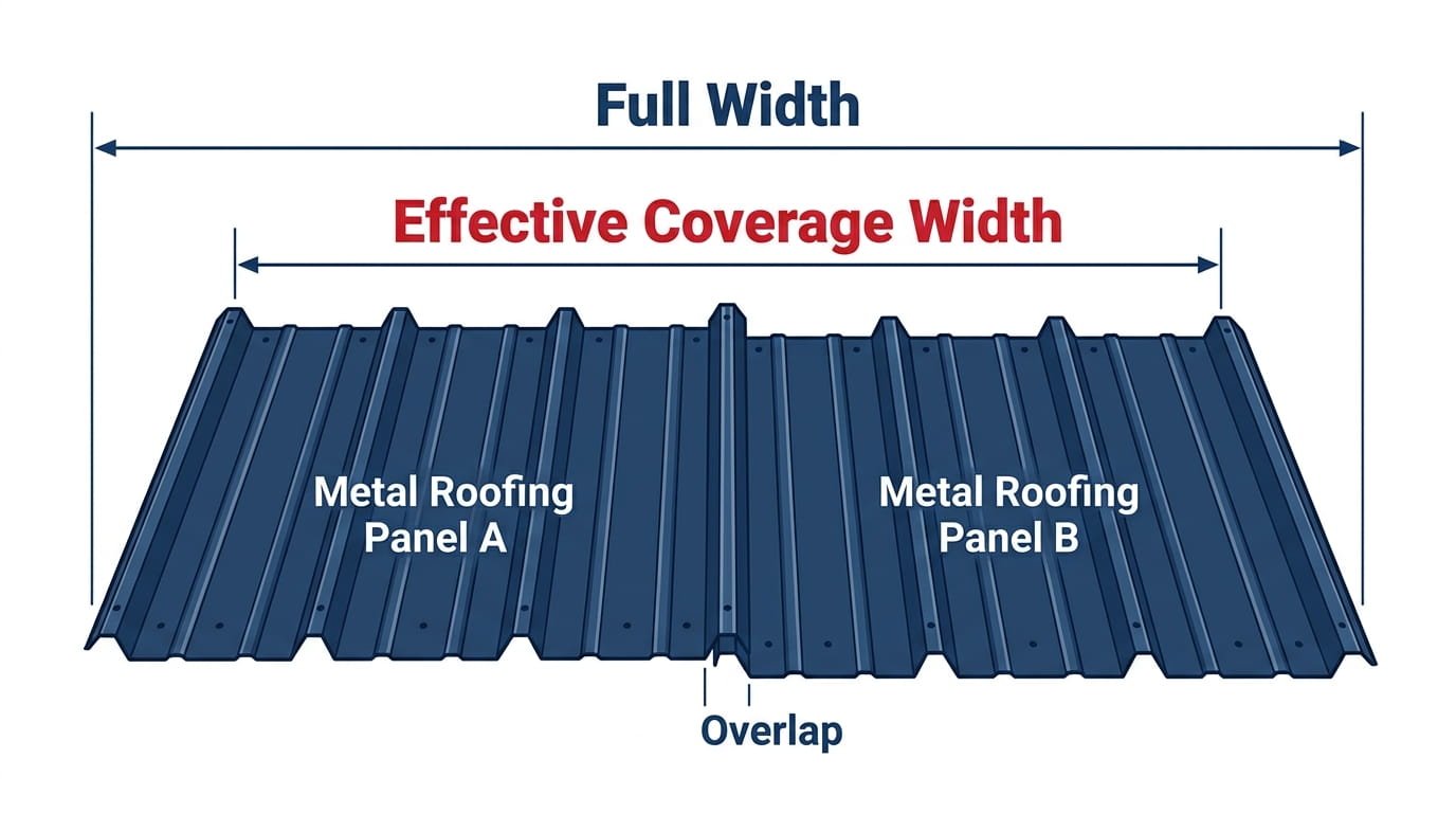 Diagram showing metal roofing panel full width vs effective coverage width after overlap.