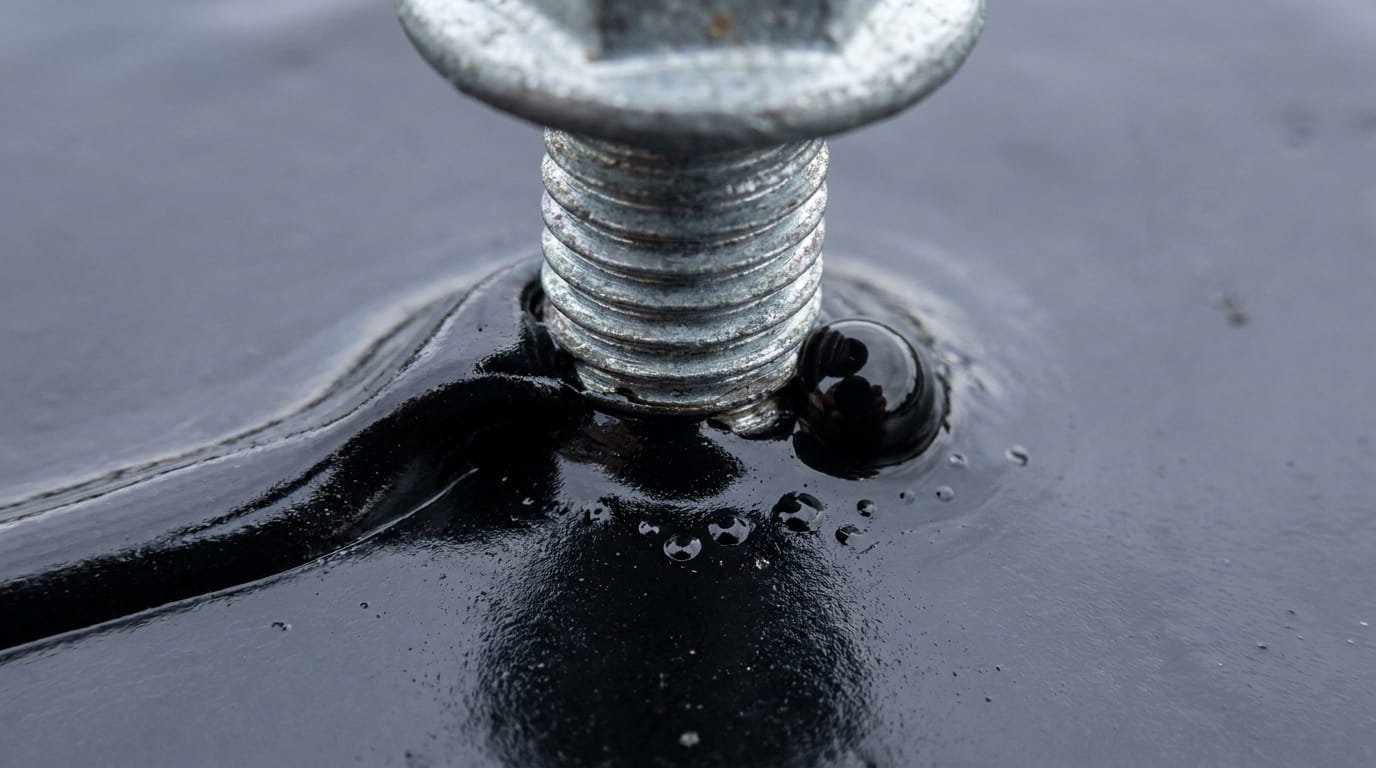 An intense, extreme macro close-up photograph focusing on the shaft of a standard roofing fastener driven vertically through a high-temperature Ice and Water Shield membrane. The image looks down the shank of the screw. The elastic, black rubberized asphalt material is seen physically compressing and oozing upward, perfectly conforming to and sealing the threads of the fastener. A small, perfectly formed bubble of this black compound is visible right at the interface of the fastener and the membrane. The surface texture is glossy, illustrating the flexible seal.