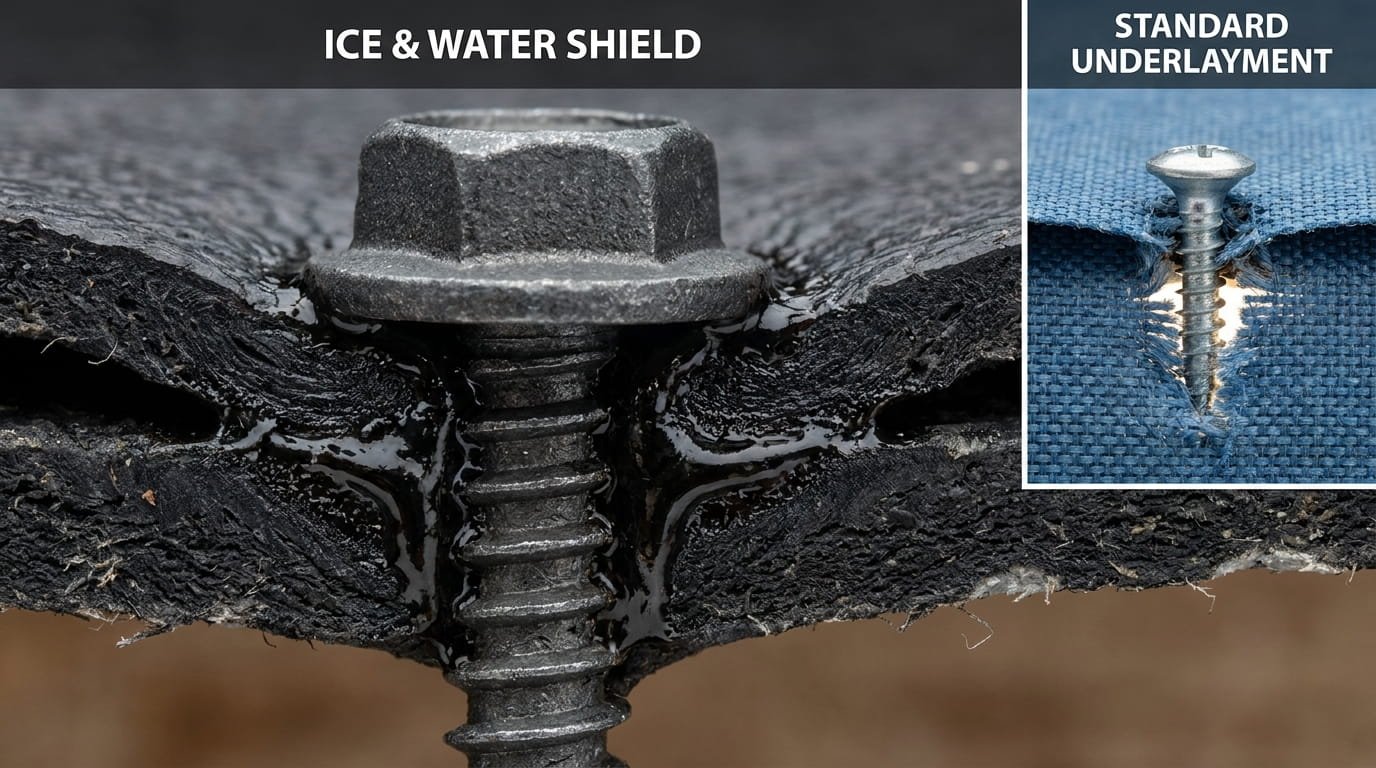 single hex-head fastener driven vertically through a thick, dark, rubberized asphalt Ice and Water Shield membrane. The dark, elastic membrane material is seen physically compressing and oozing upward and around the threads of the metal screw, creating a visible, complete, perfect waterproof seal. The surrounding metal and membrane surfaces are highly textured. To one side, include a split-screen comparison: a screw through standard synthetic underlayment, showing a visible gap and open tear around the fastener.
