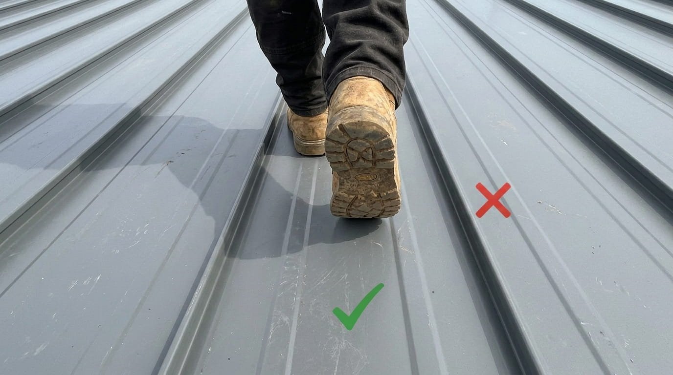 A first-person POV shot demonstrating safe walking technique on a grey metal roof. The image shows high-traction work boots planted in the flat area of the panel, with a green checkmark indicating correct placement and a red "X" marking the ribs as unsafe to step on.