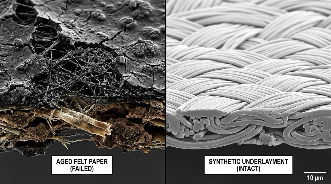 A hyper-detailed, extreme macro close-up (nano scale texture) showing a cross-section of saturated felt paper (tar paper) that has been aged beneath a metal panel. The surface of the dark paper is brittle and covered in a network of micro-cracks and tiny, hard blisters. The internal organic fibers are visible and separating from the asphalt binder, showing structural collapse. In stark contrast, a adjacent macro view shows a clean, woven synthetic underlayment that remains completely intact.