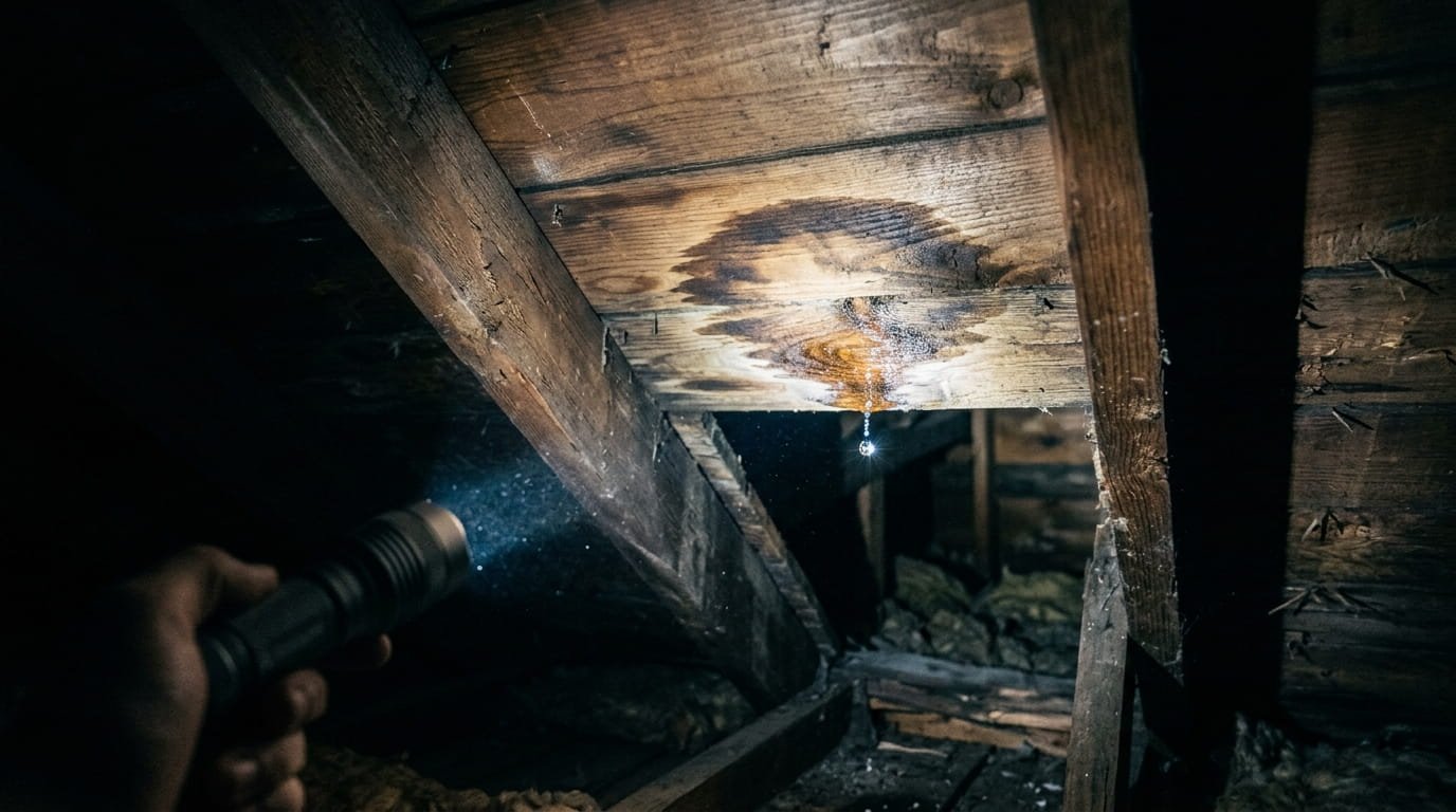 Interior attic view of a roof leak, with a flashlight beam focusing on a water stain and a droplet on the wooden roof decking.