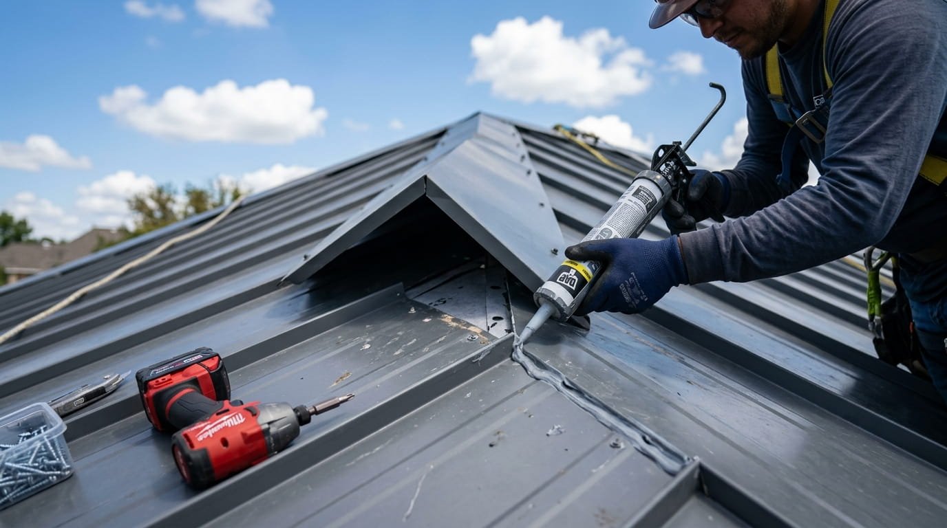Hand applying sealant to a metal roof ridge cap junction before re-securing it, illustrating a critical maintenance step for preventing leaks at the peak.