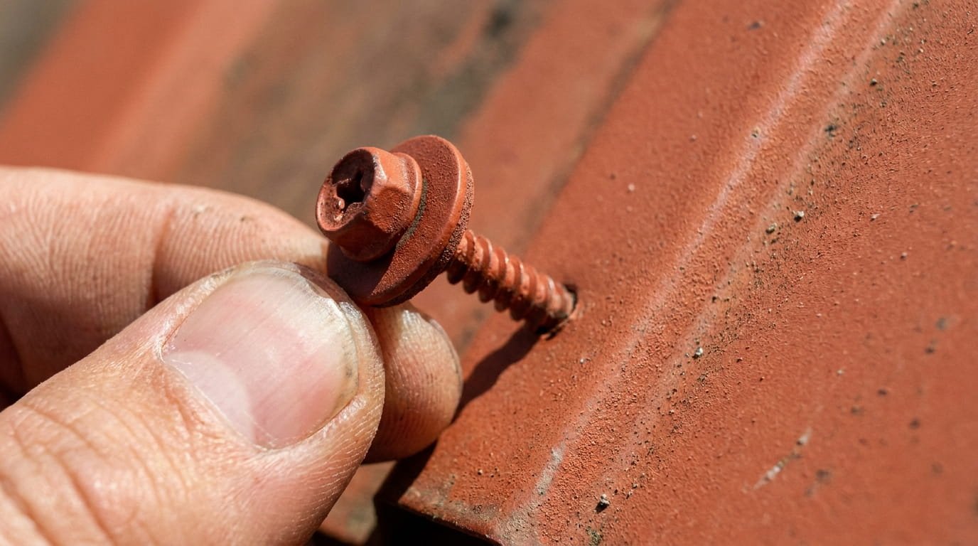 A macro shot of a person’s hand holding a powder-coated terracotta-red roofing screw against a matching terracotta-colored metal panel. The screw head perfectly matches the texture and color of the metal.