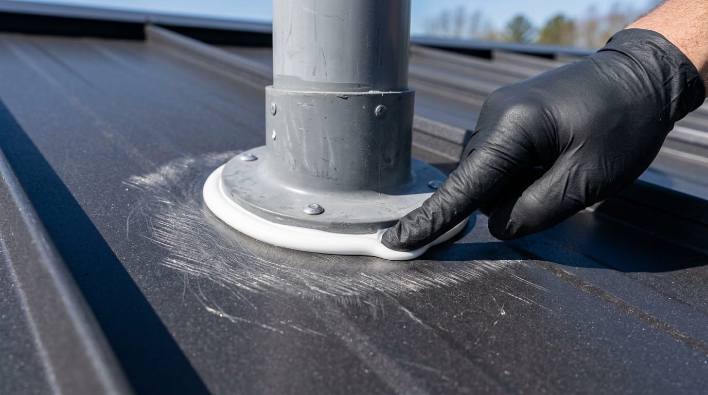 Close-up of a roofer applying sealant to a plumbing vent pipe on a charcoal metal roof, showing the smooth, consistent finish and proper adhesion after surface preparation.