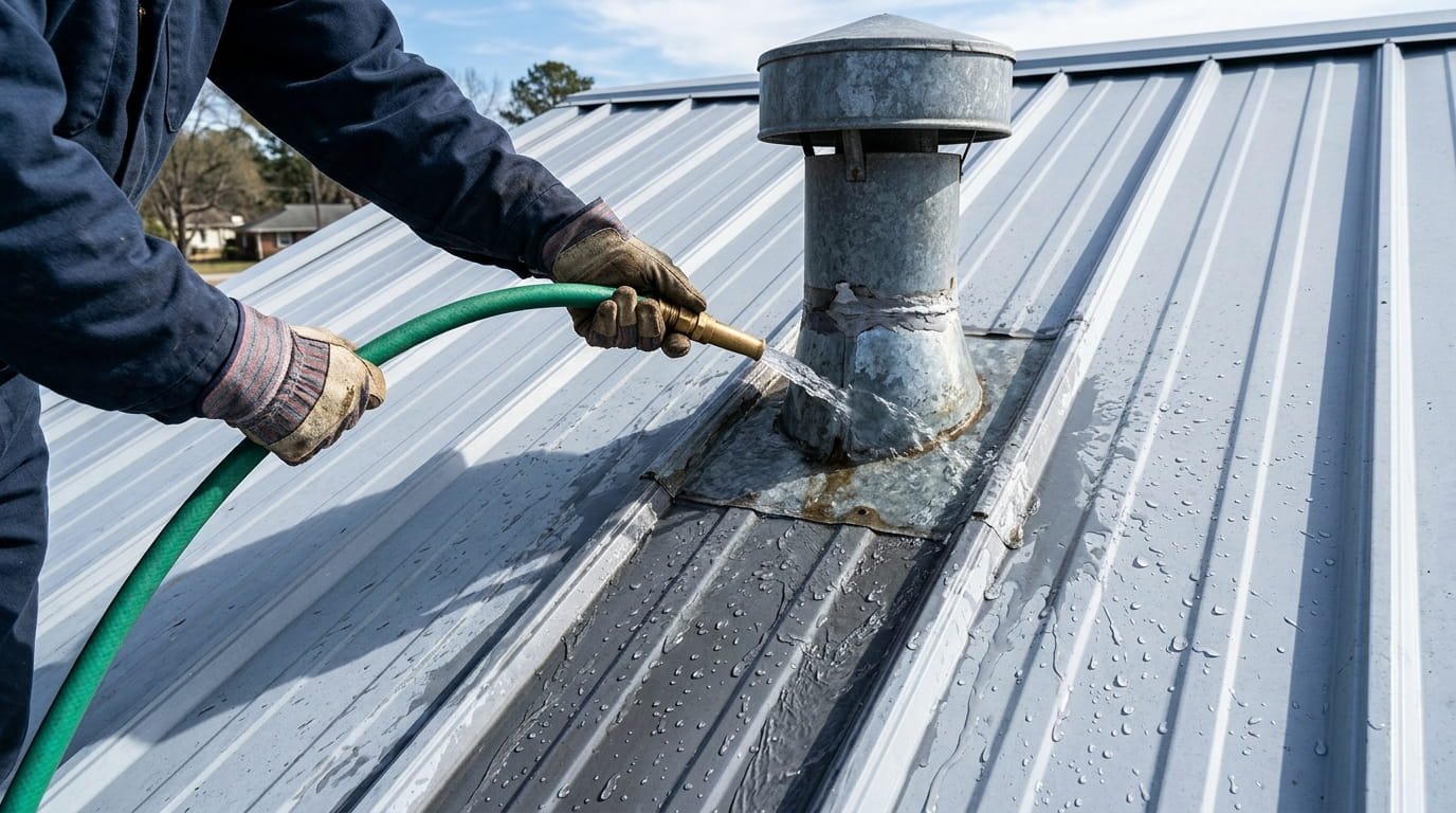 A person’s hands holding a garden hose with a low-pressure stream of water, soaking the base of a roof vent on a metal roof. The water is flowing naturally down the ribs of the metal panels. Realism, water droplets in focus, bright outdoor lighting.