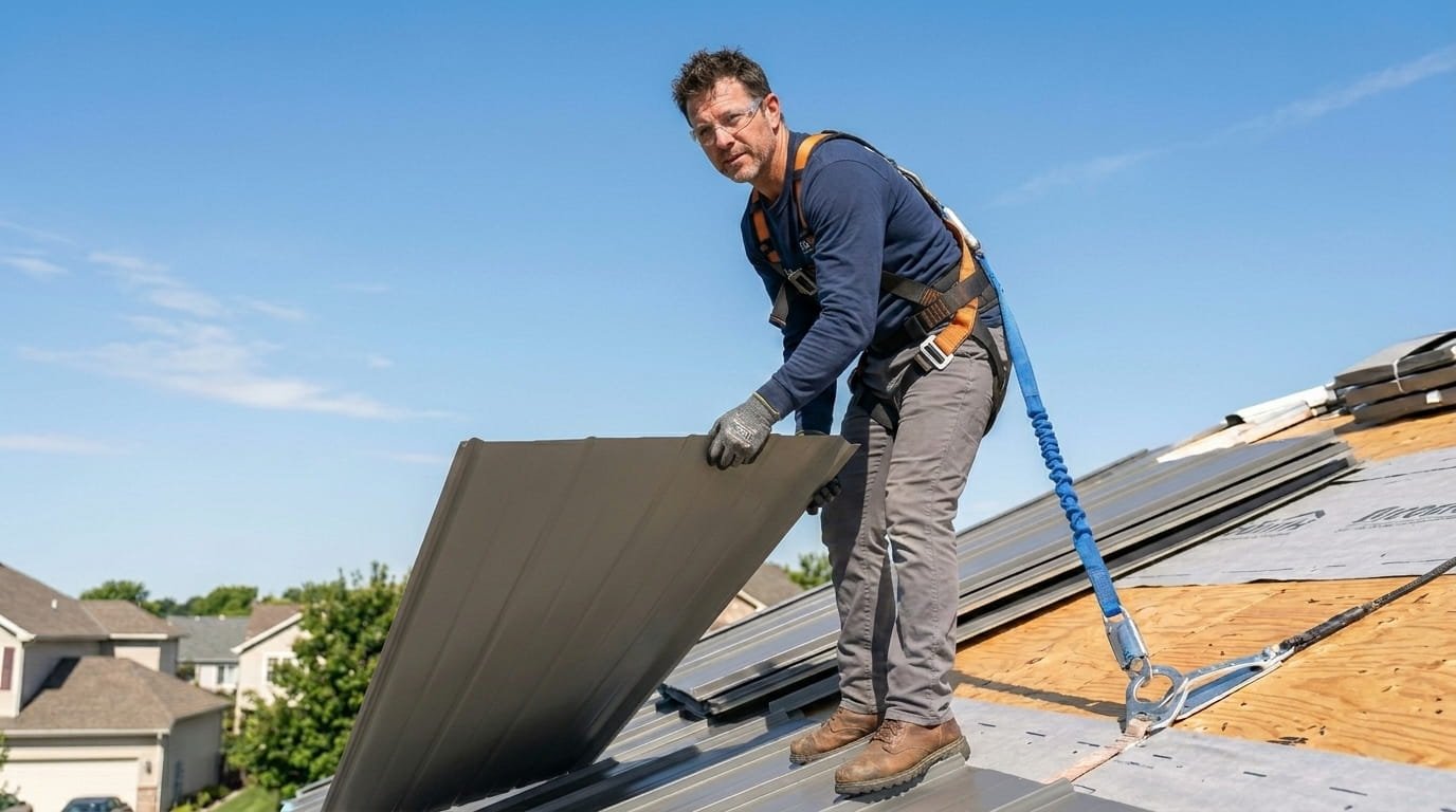 A medium shot photograph focused on a homeowner (late 30s) standing confidently on a clean roof deck, fully equipped for metal roofing installation. They are wearing a properly fitted full-body safety harness with the lanyard attached to a certified roof anchor point. Crucially, they are wearing heavy-duty, cut-resistant gloves while holding a large metal panel. Safety glasses protect their eyes, and they wear appropriate sturdy, high-traction boots. The lighting is sunny and clear, emphasizing professionalism and safety.