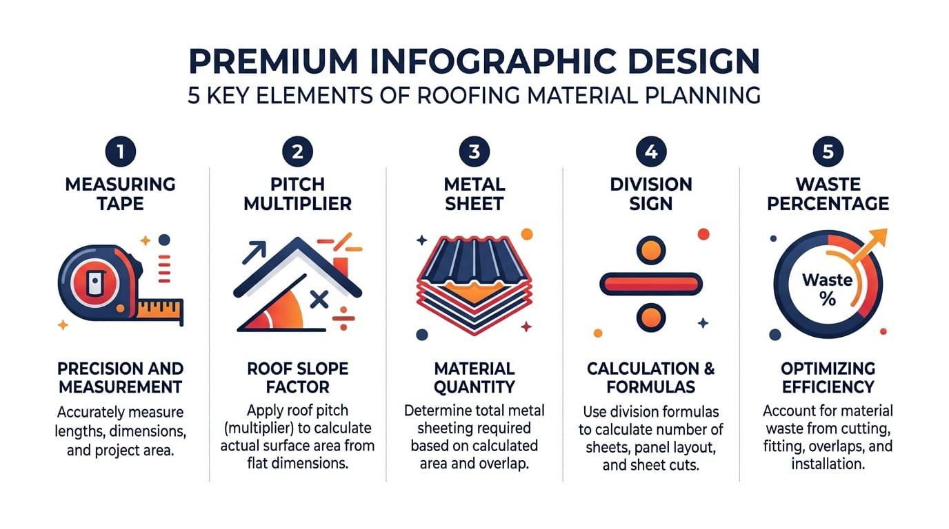 Infographic summary of the 5 steps to calculate metal roofing sheets.