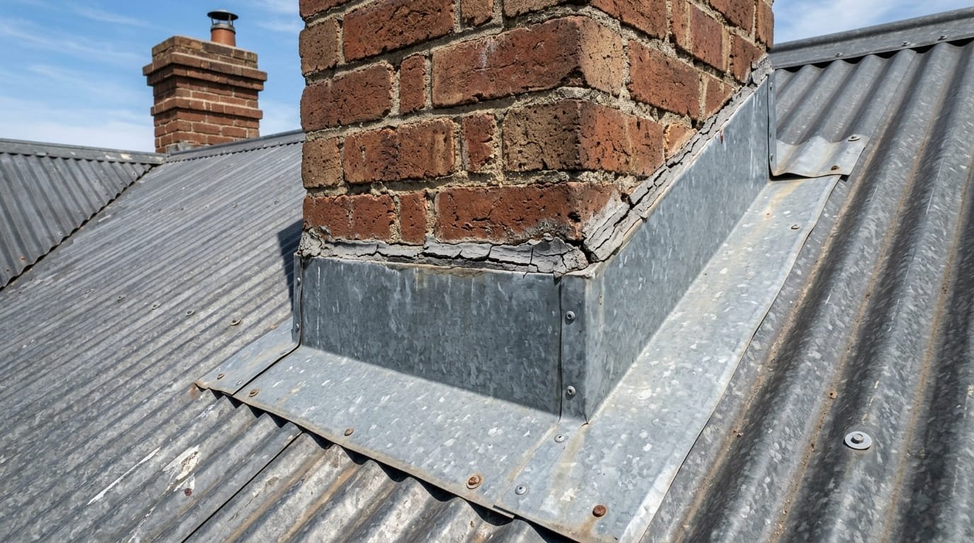 A high-angle shot of a metal roof chimney penetration. Focus on the metal flashing where it meets the chimney brick. Show a small bead of cracked, old grey sealant. The roof is a corrugated metal style. Clear, sharp detail, midday sun, architectural photography.
