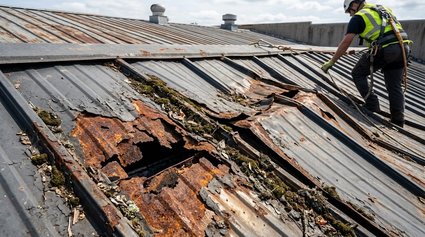 Severe structural damage on a metal roof featuring heavy rust, pitting, and holes in the panels, emphasizing the need for professional replacement over simple repair.