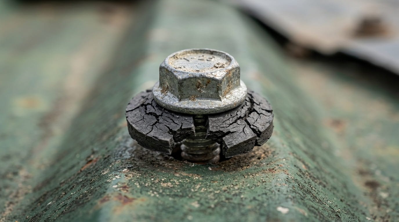 A macro, extreme close-up of a metal roof fastener (screw). The rubber neoprene washer is cracked and dry-rotted, and the screw is slightly backed out of the metal panel, leaving a small gap. Sharp focus on the fastener, blurred metal background, professional construction photography.