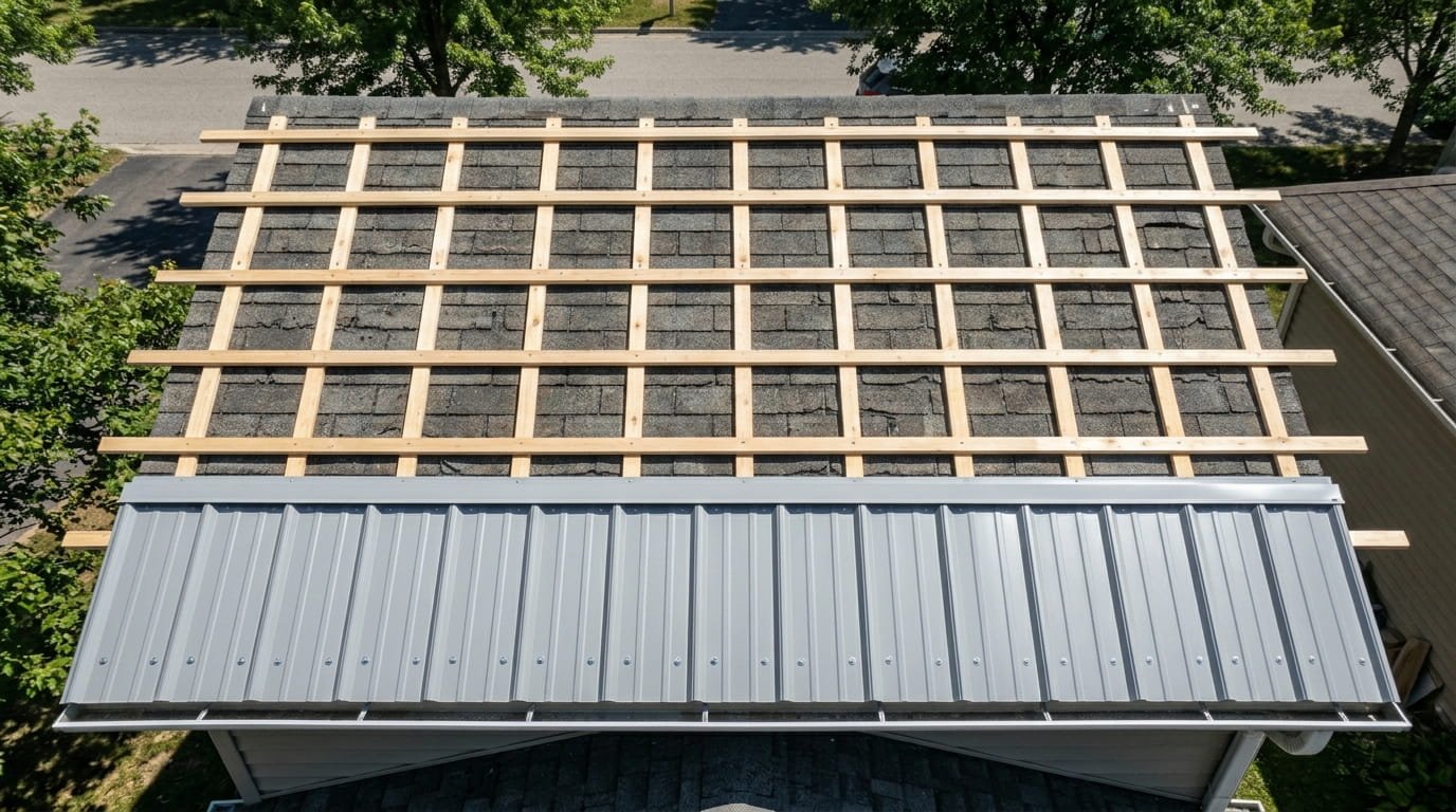 An overhead view of a residential roof showing the layering of an over-shingle metal installation. It features 1x4 wood furring strips installed over old asphalt shingles, with a grey R-panel metal roofing sheet fastened to the strips at the eave.