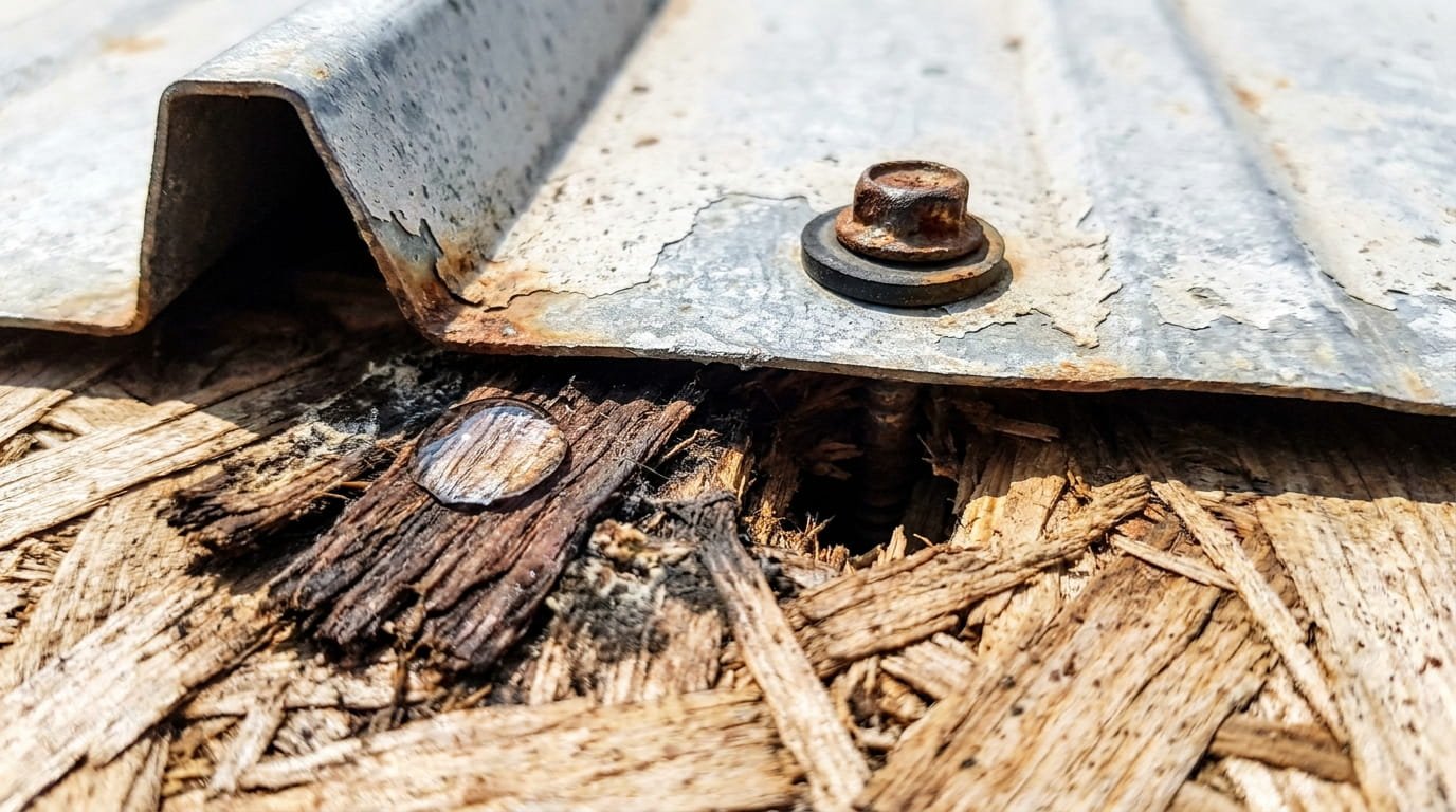 a cross-section of a standing seam metal roofing panel lifting slightly over bare OSB plywood. There is no underlayment or barrier visible. A single, small water droplet is resting precisely on the rough, absorbent fibers of the plywood deck, showing early signs of darkening and swelling (beginning wood rot). A standard roofing screw is driven through the metal panel, leaving a distinct, open microscopic void where it penetrates the wood.