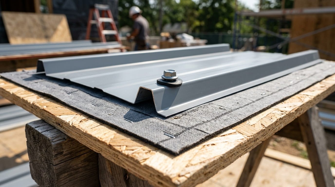 A close-up photograph of a professional roofing mockup showing a cutaway section of an exposed-fastener metal roof. The base layer is clean OSB roof decking, followed by a layer of textured synthetic underlayment. On top, a grey R-panel metal roofing sheet is fastened. One visible self-tapping screw is driven through the high rib of the panel, compressing the EPDM rubber washer against the metal. The sun catches the edge of the panel, highlighting the clean, square cut. The background is a gently blurred, safe construction environment.