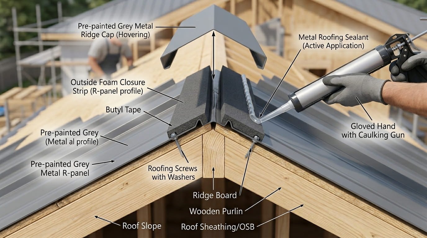 A semi-cutaway diagram of a grey metal roof ridge assembly. It illustrates foam closure strips fitted to the R-panel profile, secured with grey butyl tape and a bead of sealant. A metal ridge cap is shown hovering above the peak, ready for final fastening.