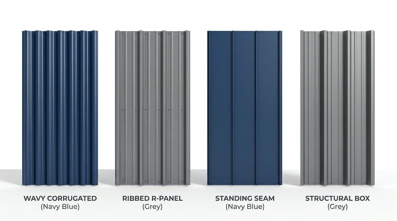 Comparison of four metal roofing panel profiles: Corrugated, R-Panel, Standing Seam, and Box Profile.