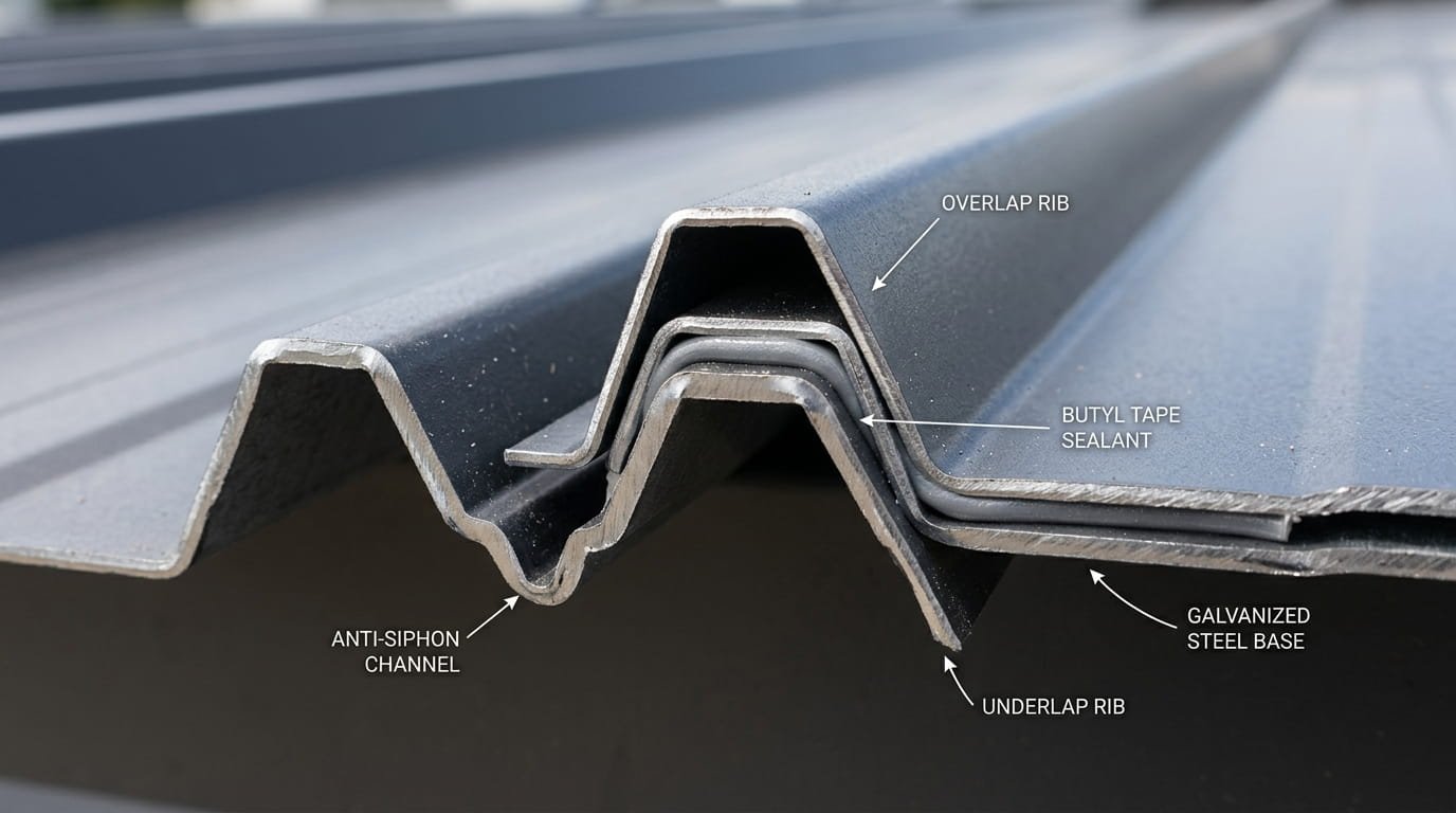 A macro photograph showing the cross-section overlap of two pre-painted metal roofing panels. The "under-lap" panel is visible, clearly showing the small groove (the anti-siphon channel) designed to catch water. The "over-lap" panel is shown nesting perfectly on top of it. A bead of grey butyl tape is visible between the two metal surfaces. The image is captured at a low angle to emphasize the profile of the ribs and the precision of the fit.