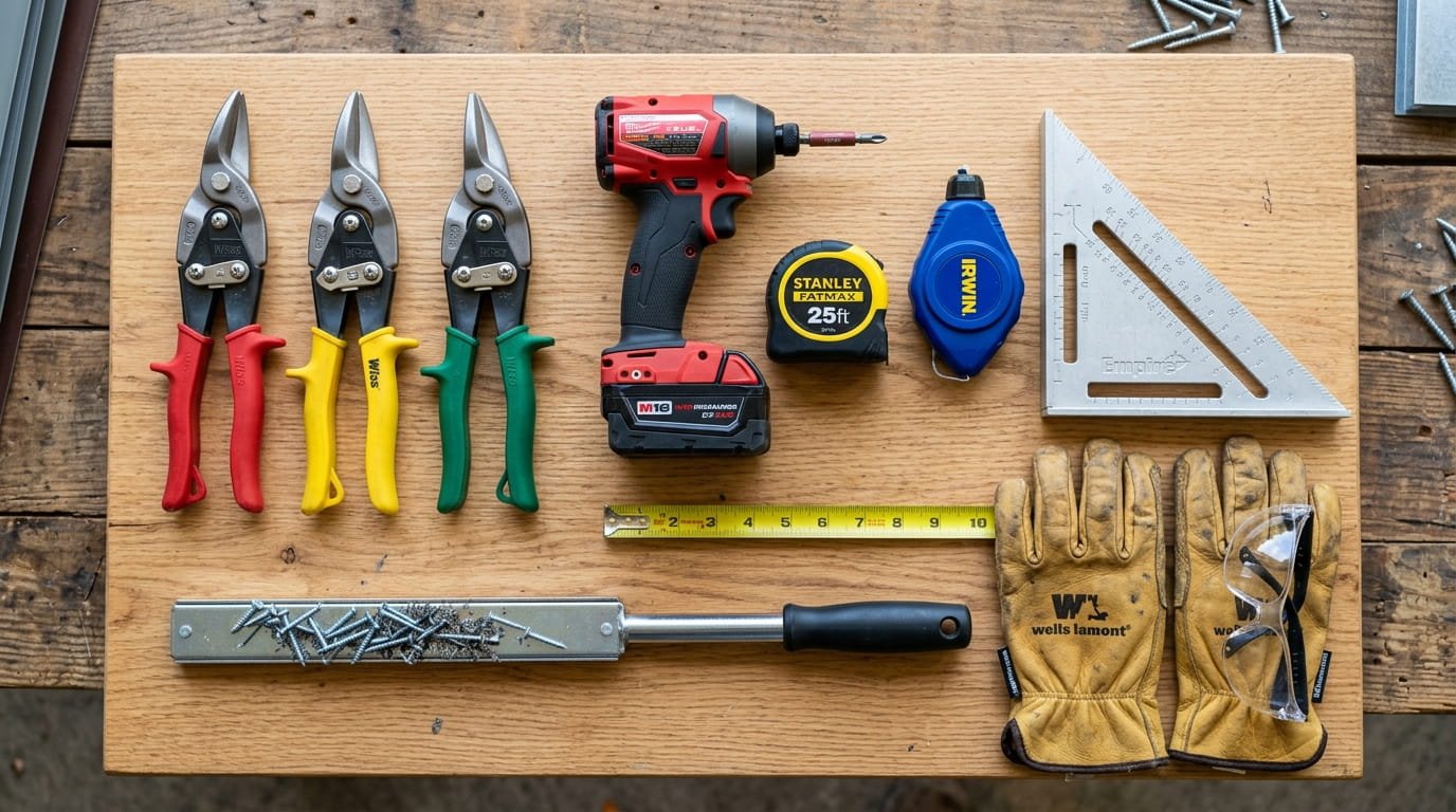 A high-angle, top-down professional photograph of a DIY metal roofing tool kit arranged neatly on a clean wooden workbench. The kit includes three pairs of aviation snips (red, green, and yellow handles), a cordless impact driver with a hex head bit, a 25ft steel tape measure, a bright blue chalk line, a speed square, and a magnetic sweeper wand. Beside the tools are a pair of heavy leather work gloves and professional safety glasses. The lighting is bright and even, making every tool easily identifiable.